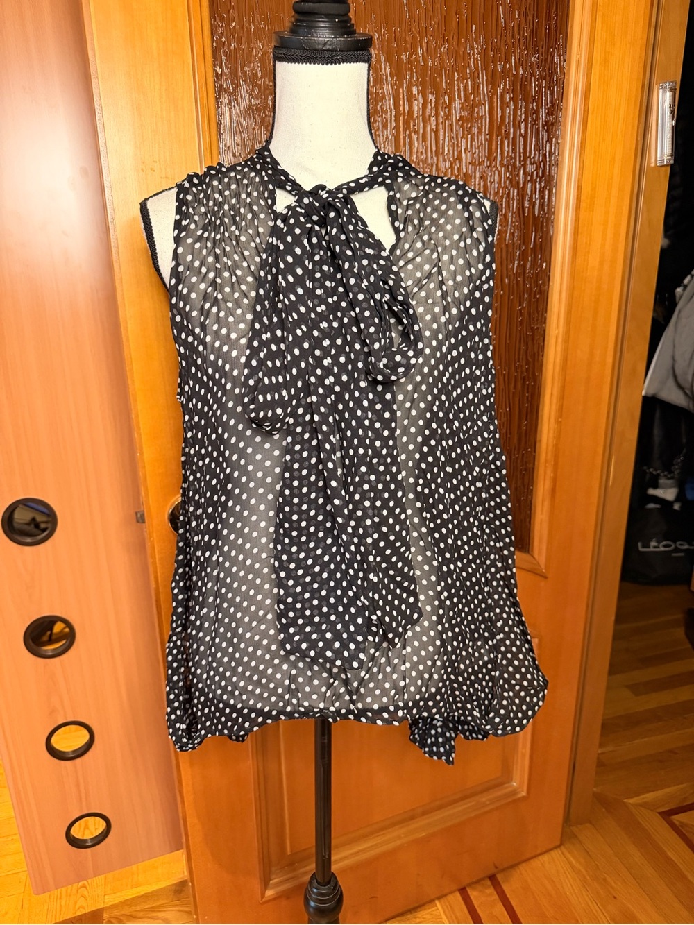 Zara Black and White Polka Dot Tie-Neck Sleeveless high low Top Sz XL